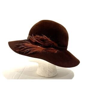 Vintage Womens Derby Hat Dark Brown Feather Statement Wool Soft Brushed Felt